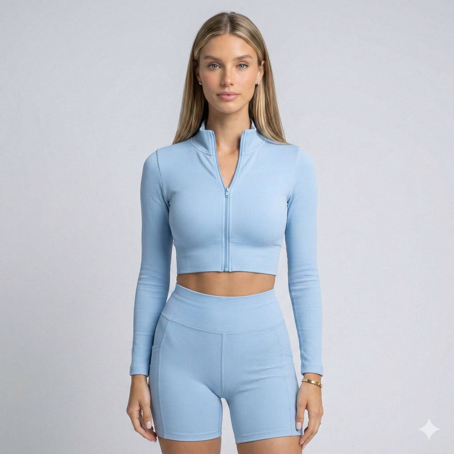 Women's Sports Gym Yoga Set Quick Drying Legging Yoga Zipper Long Sleeves Solid Color Workout Top High Stretch Skinny Short Set