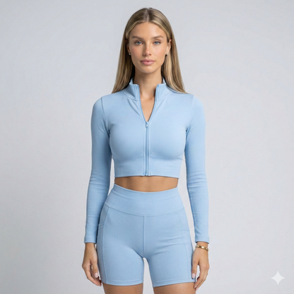 Women's Sports Gym Yoga Set Quick Drying Legging Yoga Zipper Long Sleeves Solid Color Workout Top High Stretch Skinny Short Set